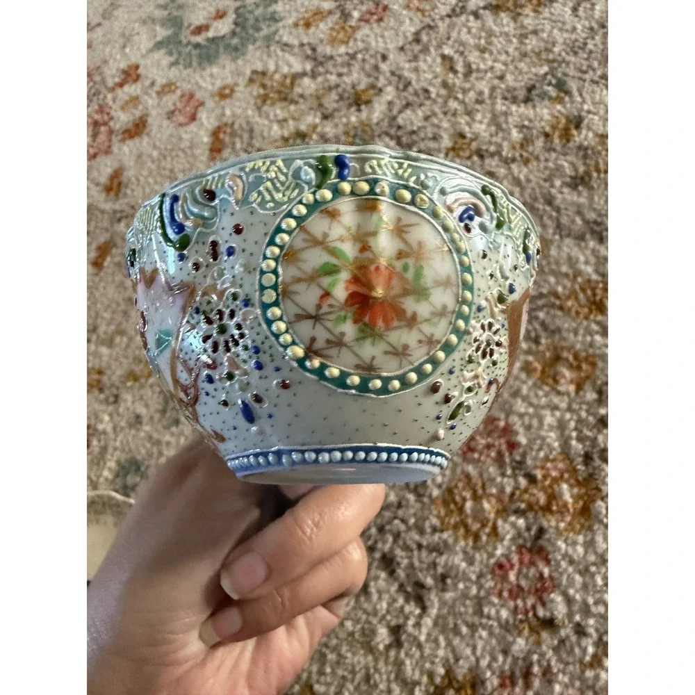 Vtg Japanese Satsuma Moriage Eggshell Porcelain Teacup Hand Painted Gold‎ 3.75